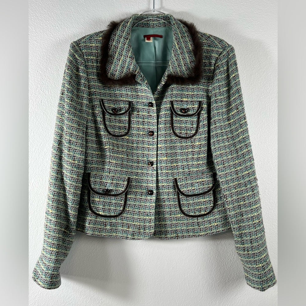 Anthropologie Tape Measure Tweed Faux Fur Trim Lined Pastel Blazer‎ Size 14